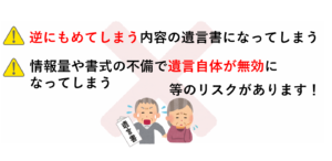 ・逆にもめてしまう内容の遺言書になってしまう・情報量や書式の不備で遺言自体が無効になってしまう等のリスクがあります！